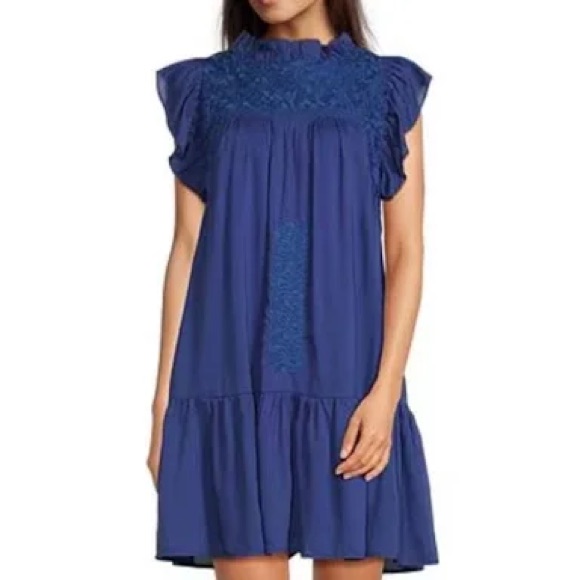 J. Marie Kelsea Ruffled Neck Cap Sleeve Embroidered Tiered Dress Large